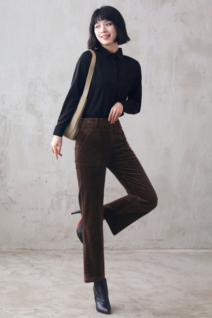 Coffee Corduroy Pants - High Waist, Regular Fit Long Trousers 3109