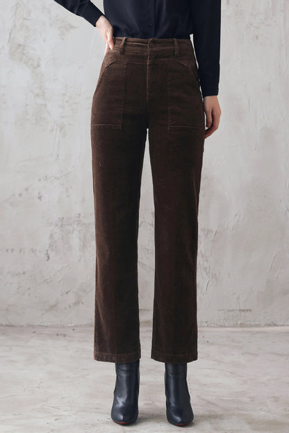 Coffee Corduroy Pants - High Waist, Regular Fit Long Trousers 3109