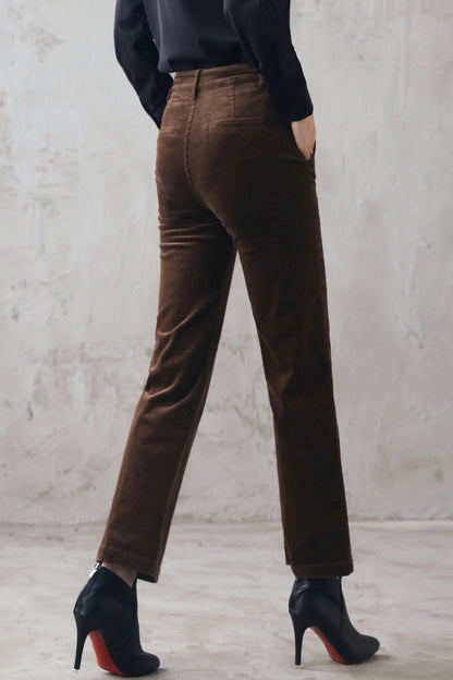 Coffee Corduroy Pants - High Waist, Regular Fit Long Trousers 3109