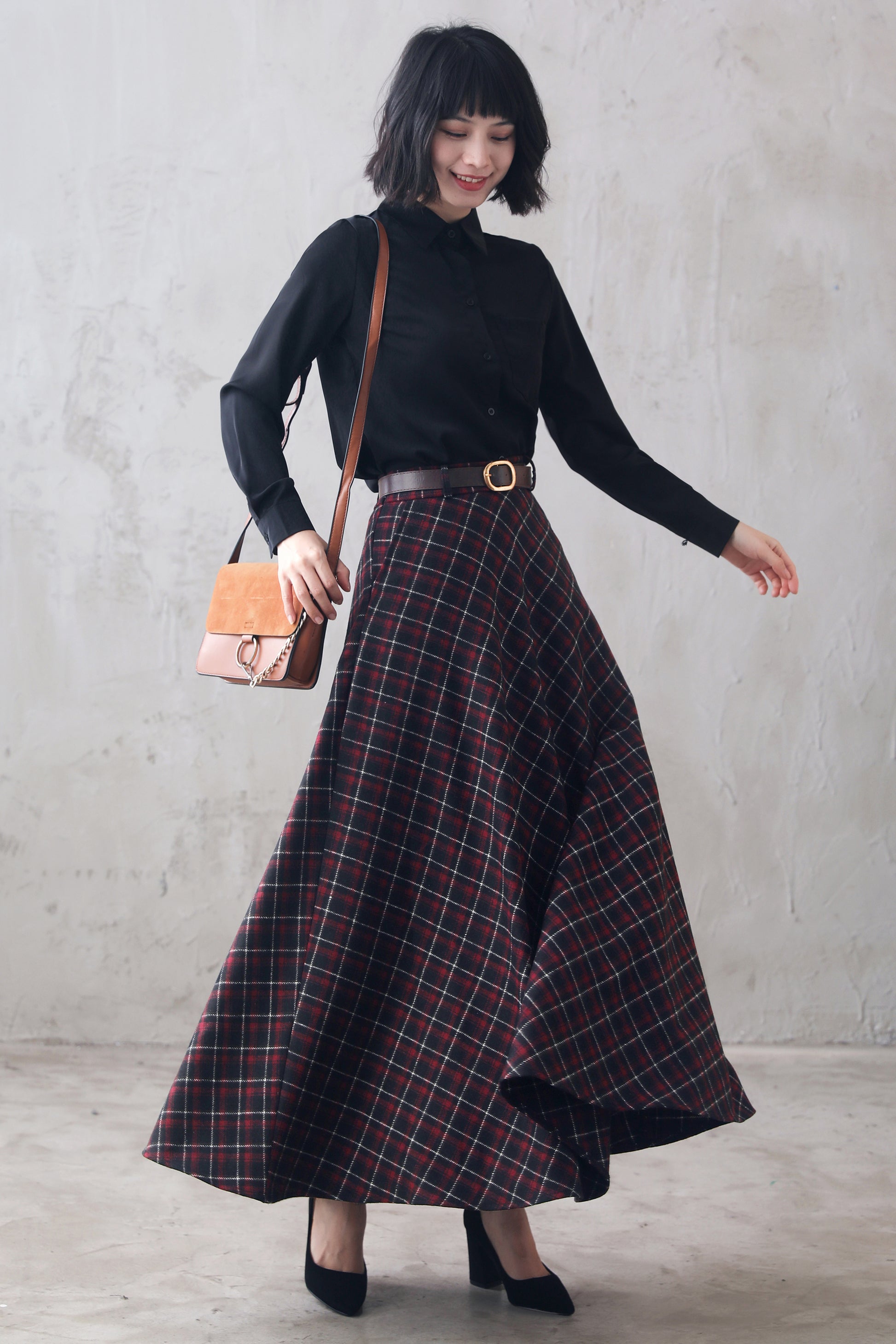 Long Wool Skirt in Autumn Plaid