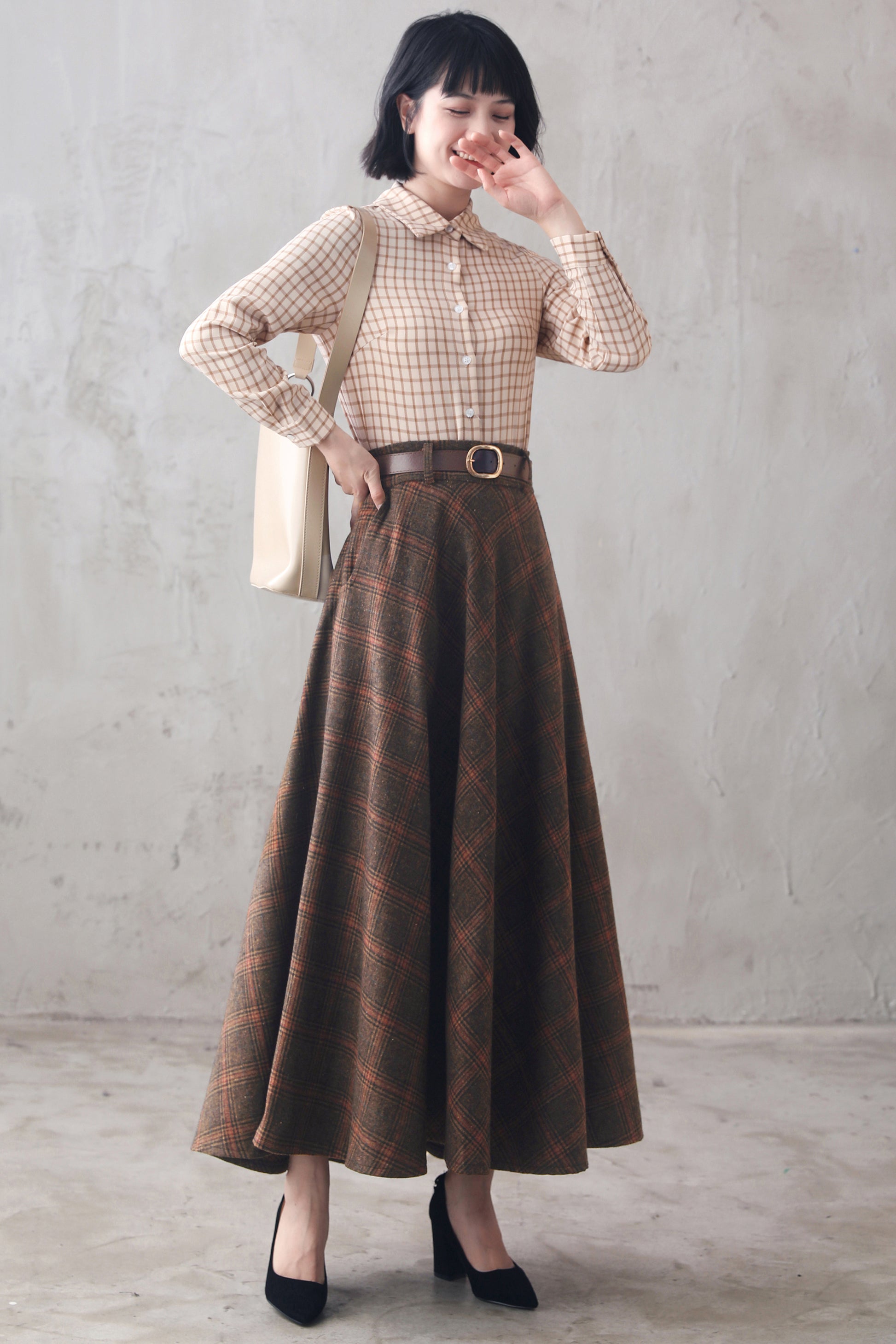 Coffee Plaid Wool Maxi Skirt, Retro Long Skirt 311901 – XiaoLizi