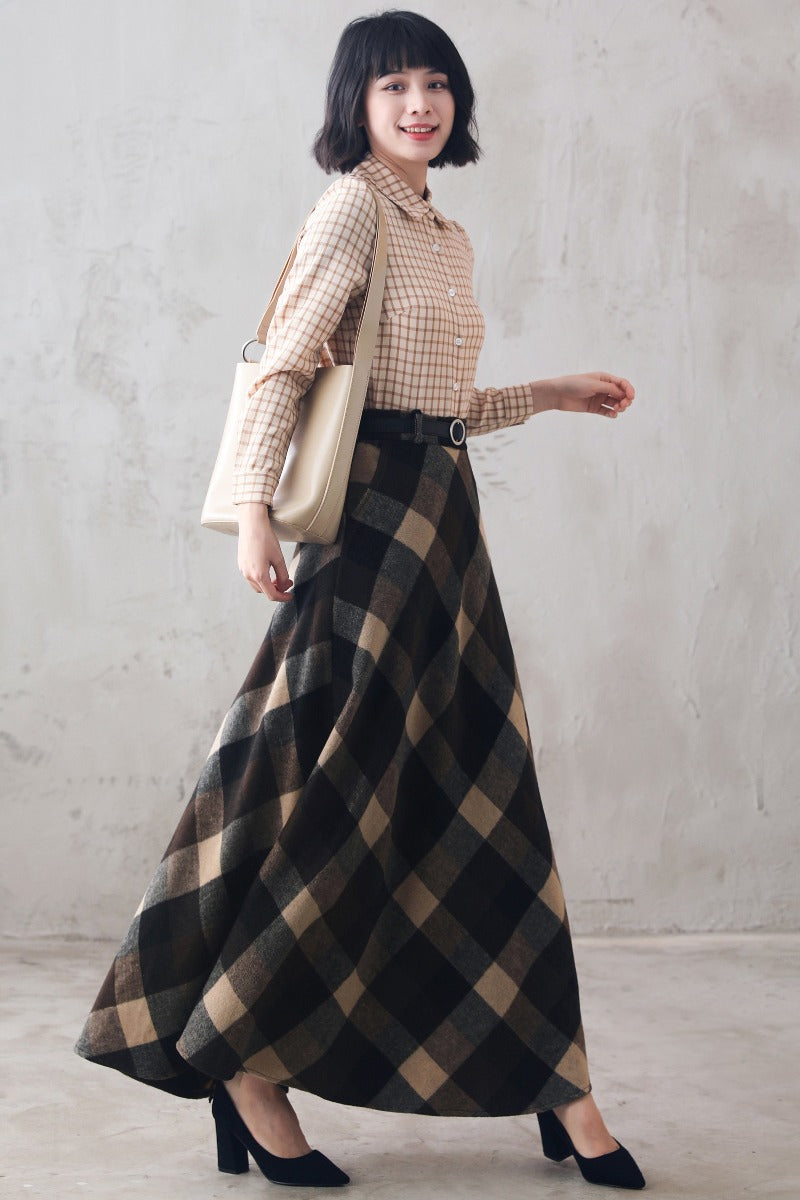 Women's Tartan Plaid Wool Maxi Skirt 3108#