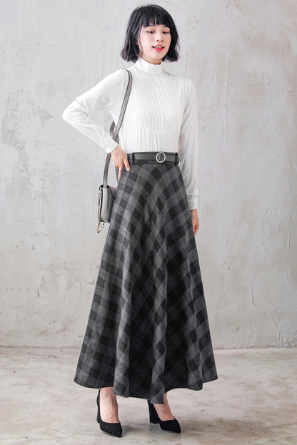 Plaid Wool Maxi Skirt - A-Line Flared Satin Lined | Xiaolizi 3103