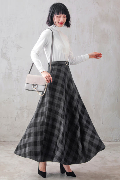 Plaid Wool Maxi Skirt - A-Line Flared Satin Lined | Xiaolizi 3103