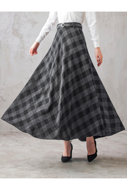 Plaid Wool Maxi Skirt - A-Line Flared Satin Lined | Xiaolizi 3103