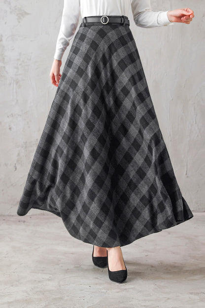 Plaid Wool Maxi Skirt - A-Line Flared Satin Lined | Xiaolizi 3103