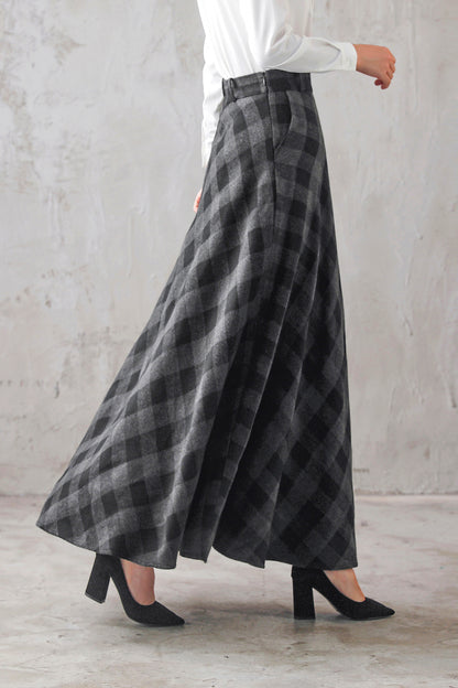 Plaid Wool Maxi Skirt - A-Line Flared Satin Lined | Xiaolizi 3103