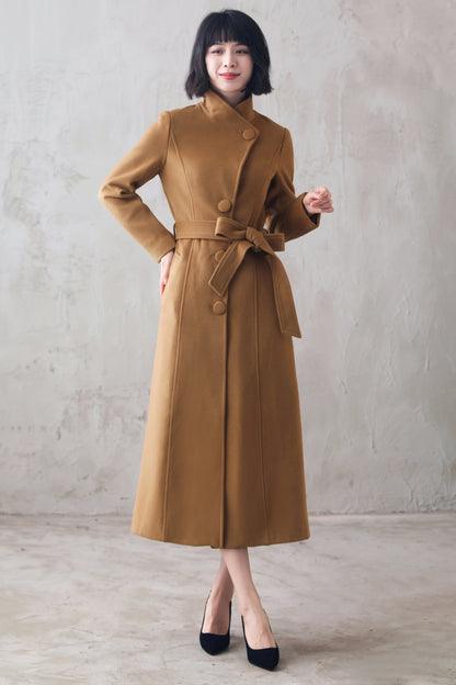Camel Wool Blend Coat – Handmade High Collar Belted Winter Elegance 310501