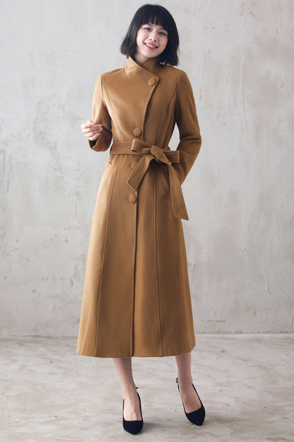 Camel Wool Blend Coat – Handmade High Collar Belted Winter Elegance 310501