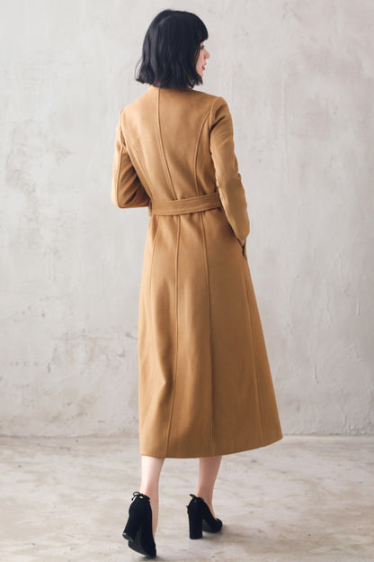 Camel Wool Blend Coat – Handmade High Collar Belted Winter Elegance 310501