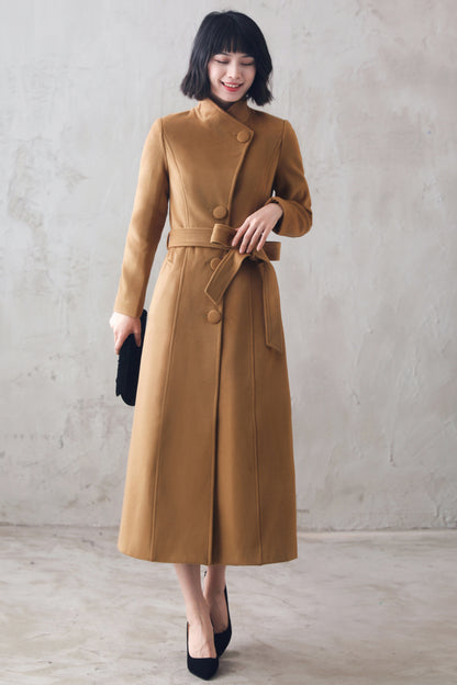 Camel Wool Blend Coat – Handmade High Collar Belted Winter Elegance 310501