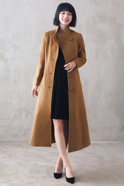 Camel Wool Blend Coat – Handmade High Collar Belted Winter Elegance 310501