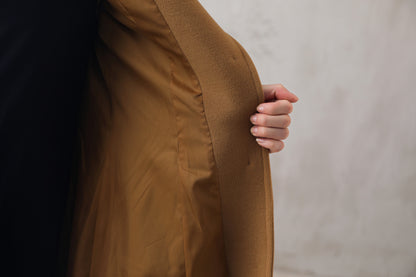 Camel Wool Blend Coat – Handmade High Collar Belted Winter Elegance 310501