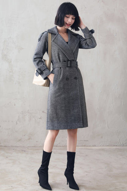 Grey Wool Blend Coat - Double Breasted Belted | Xiaolizi 3104