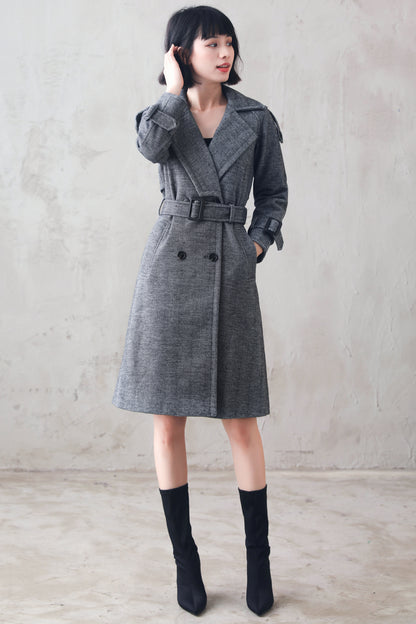 Grey Wool Blend Coat - Double Breasted Belted | Xiaolizi 3104