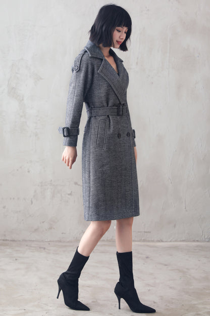 Grey Wool Blend Coat - Double Breasted Belted | Xiaolizi 3104