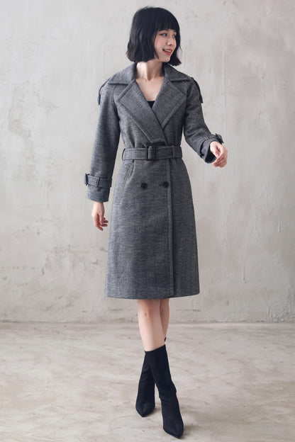 Grey Wool Blend Coat - Double Breasted Belted | Xiaolizi 3104
