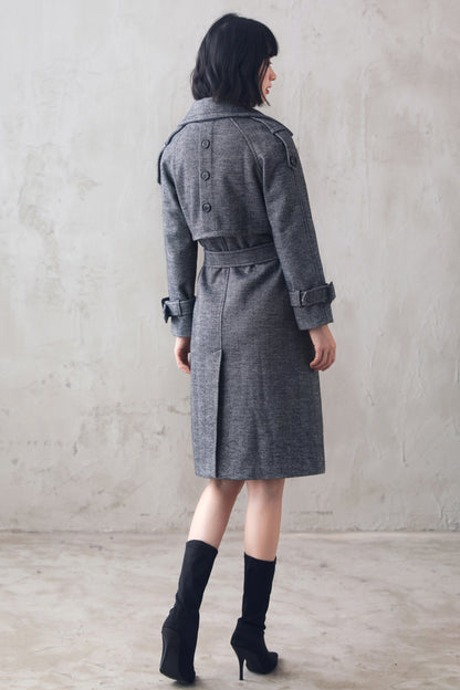 Grey Wool Blend Coat - Double Breasted Belted | Xiaolizi 3104