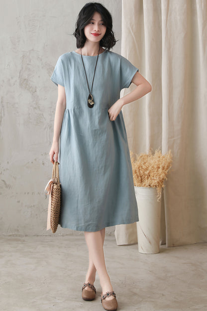 Mint Linen Knee-Length Dress - Loose Fit, Boat Neckline 2725