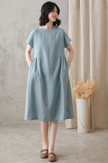 Mint Linen Knee-Length Dress - Loose Fit, Boat Neckline 2725