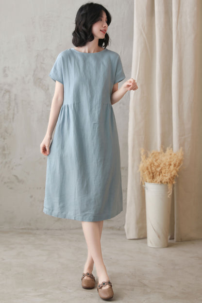 Mint Linen Knee-Length Dress - Loose Fit, Boat Neckline 2725