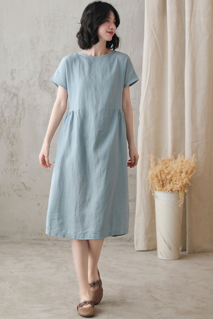 Mint Linen Knee-Length Dress - Loose Fit, Boat Neckline 2725