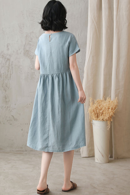 Mint Linen Knee-Length Dress - Loose Fit, Boat Neckline 2725
