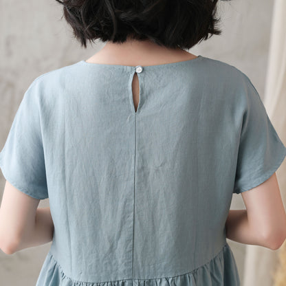 Mint Linen Knee-Length Dress - Loose Fit, Boat Neckline 2725