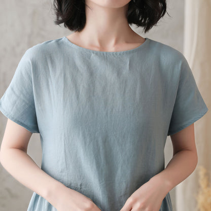 Mint Linen Knee-Length Dress - Loose Fit, Boat Neckline 2725