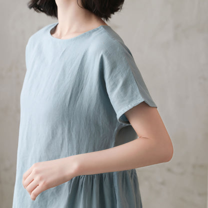 Mint Linen Knee-Length Dress - Loose Fit, Boat Neckline 2725