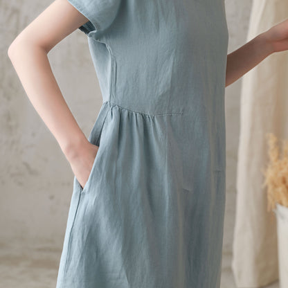Mint Linen Knee-Length Dress - Loose Fit, Boat Neckline 2725