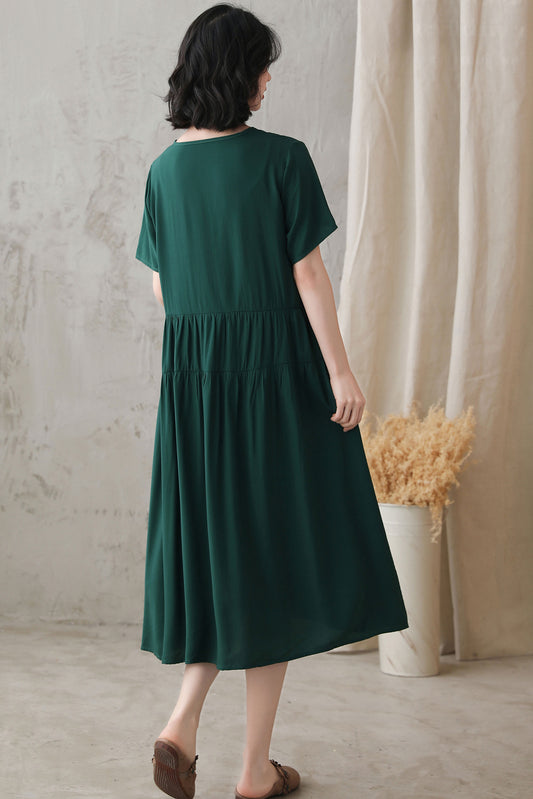 Green Cotton Blend Dress - Pleated Waistband, Loose Fit 272611