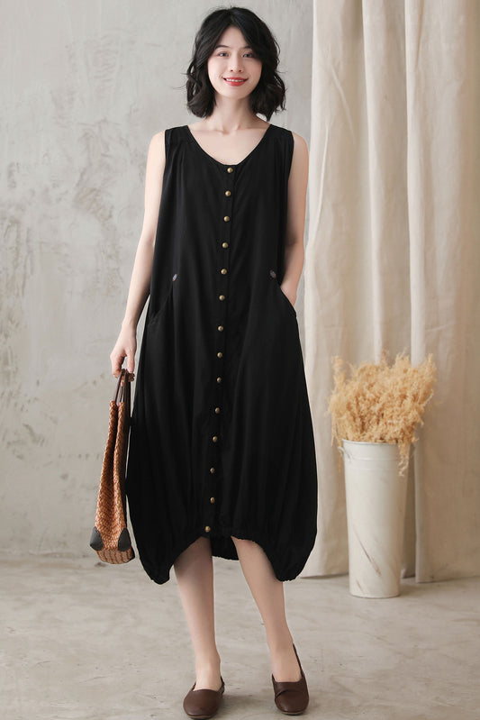 Black Oversized Bubble Linen Dress 2728