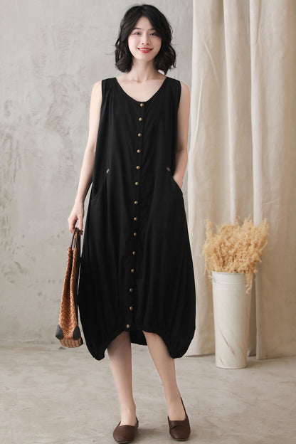 Black Oversized Bubble Linen Dress 272801