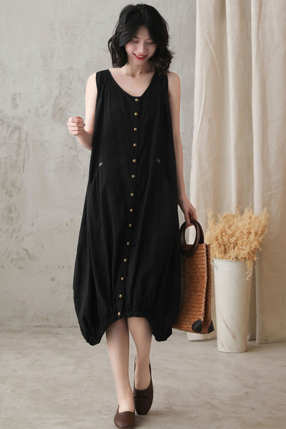 Black Oversized Bubble Linen Dress 272801