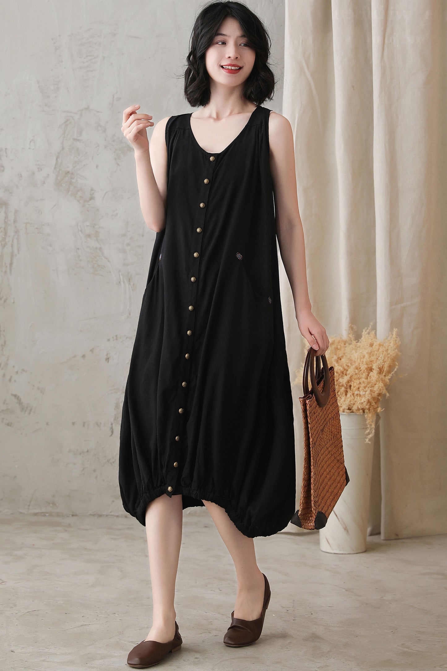 Black Oversized Bubble Linen Dress 2728