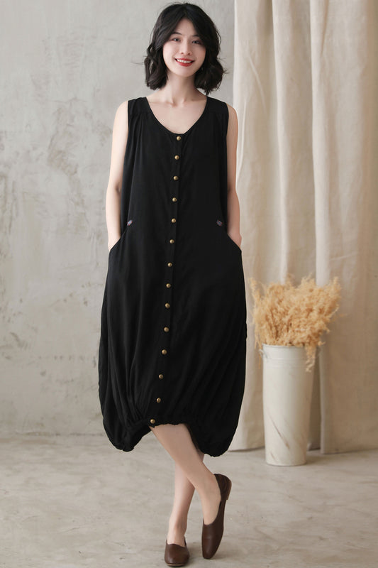 Black Oversized Bubble Linen Dress 2728