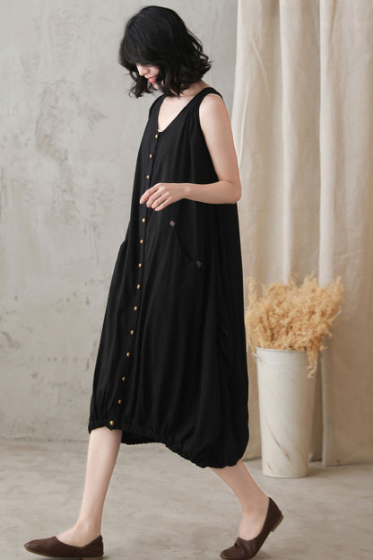 Black Linen Midi Dress - Oversized Bubble Silhouette 2728