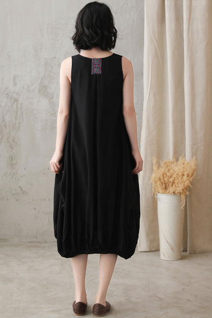 Black Oversized Bubble Linen Dress 272801