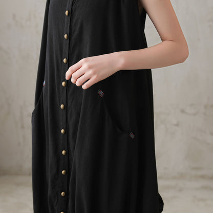 Black Linen Midi Dress - Oversized Bubble Silhouette 2728