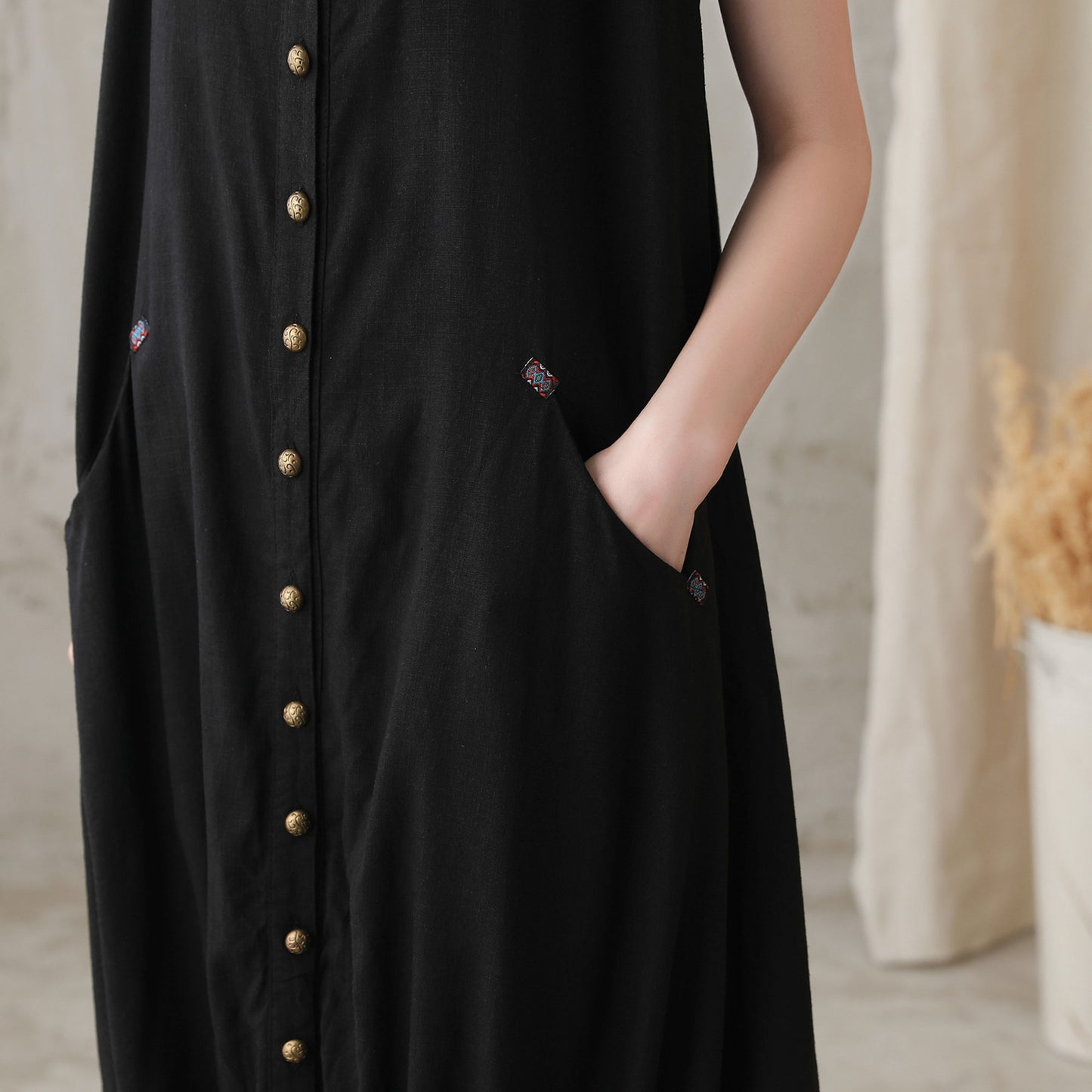 Black Oversized Bubble Linen Dress 272801