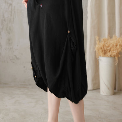 Black Linen Midi Dress - Oversized Bubble Silhouette 2728