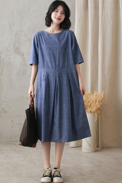 Blue Cotton Linen Midi Dress - Loose Waist Pleated Waistband 2729