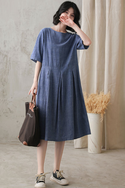 Blue Cotton Linen Midi Dress - Loose Waist Pleated Waistband 2729