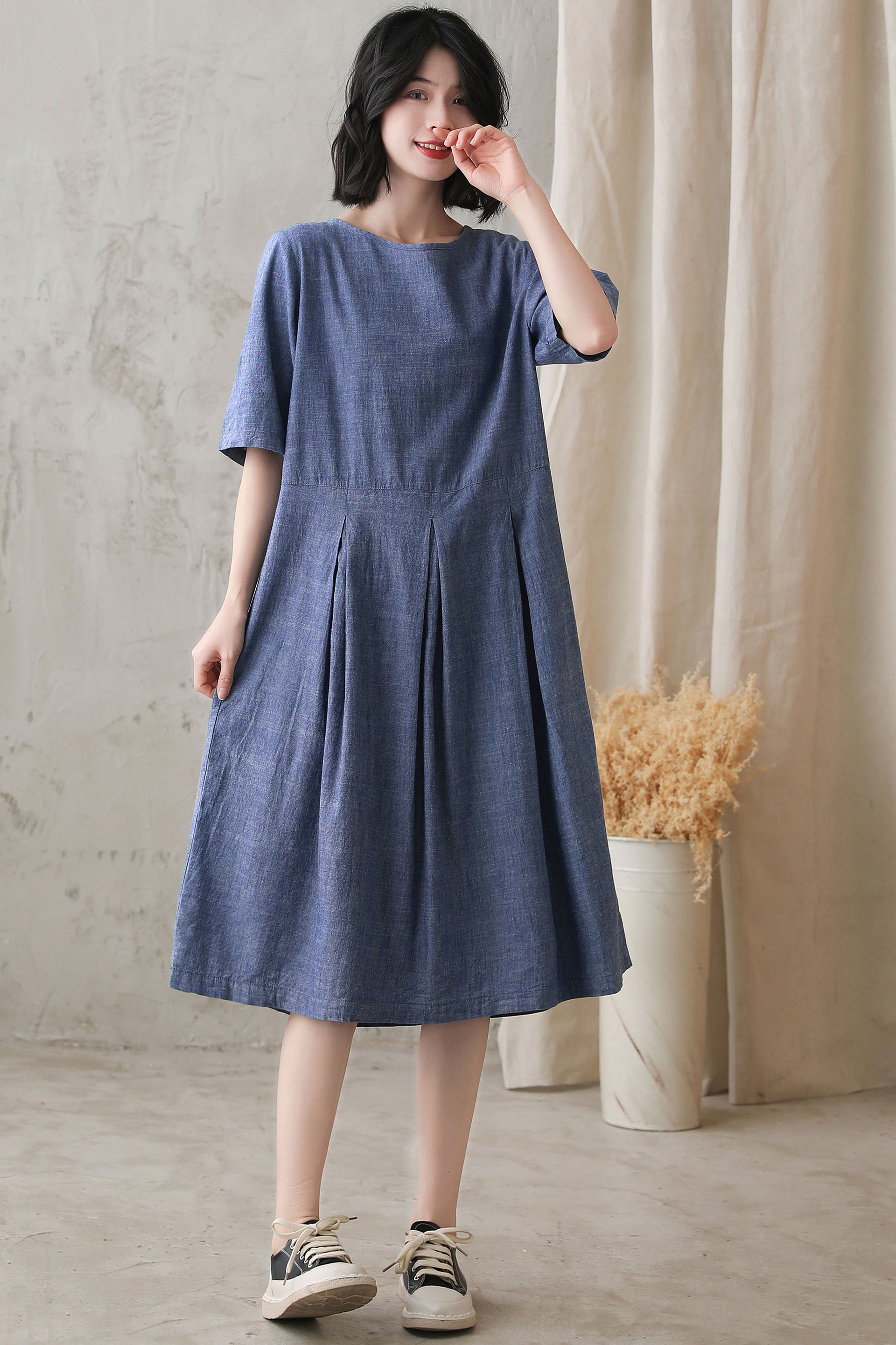 Blue Cotton Linen Midi Dress with Pleated Waist