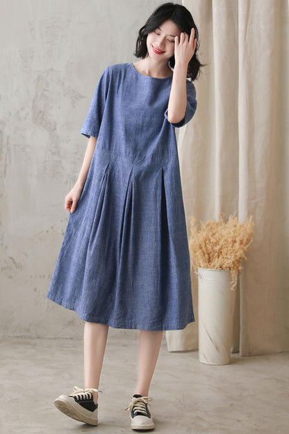Blue Cotton Linen Midi Dress - Pleated Waist, Loose Fit 2729