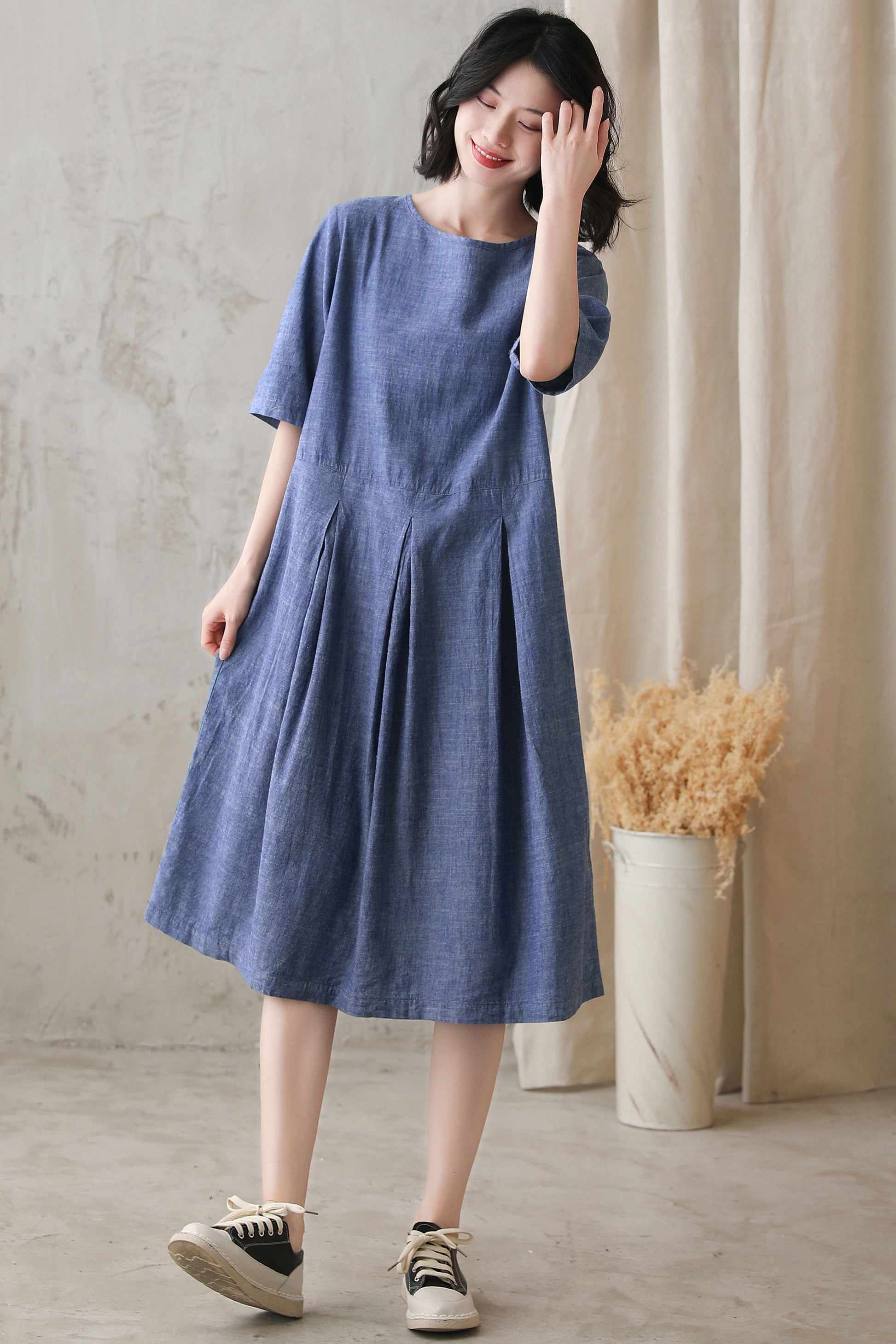 Plus Size Loose Waist Cotton Linen Dress 272901# - Blue / XS-L Plus Size Loose Waist Cotton Linen Dress 272901# - Blue / XS-L