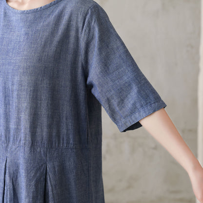 Blue Cotton Linen Midi Dress - Loose Waist Pleated Waistband 2729