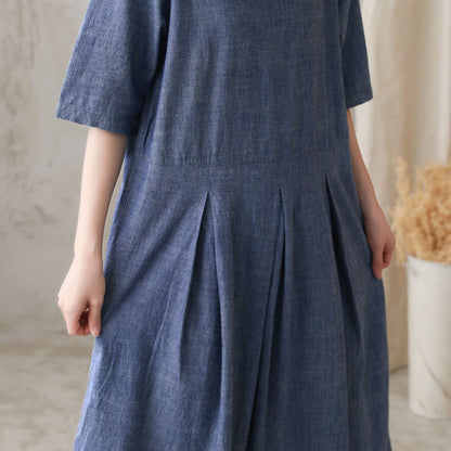 Blue Cotton Linen Midi Dress - Pleated Waist, Loose Fit 2729