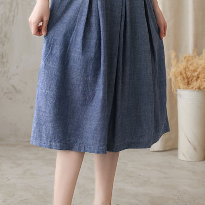 Blue Cotton Linen Midi Dress - Pleated Waist, Loose Fit 2729